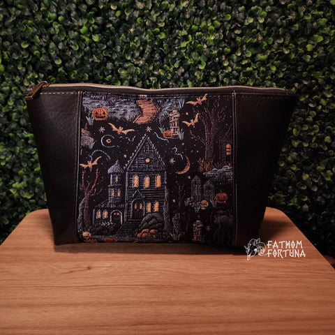 Faux Embroidered Haunted House Zippered Beauty Bag
