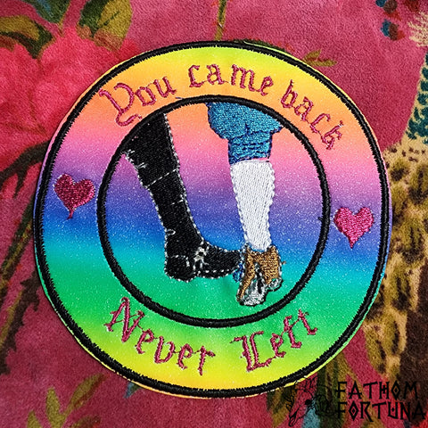 Never Left Boot Touch Embroidered Iron On Patch Rainbow Shimmer Vinyl